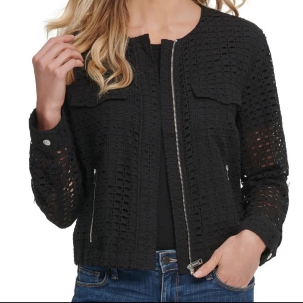 DKNY Black Cropped Openwork Zip Jacket
